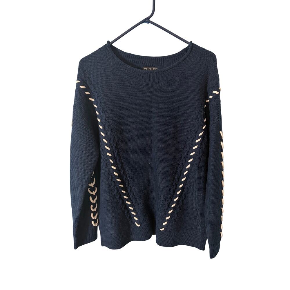 Venus Navy Blue Rope Lace-Up Knit Sweater L Coastal Nautical Minimalist Preppy